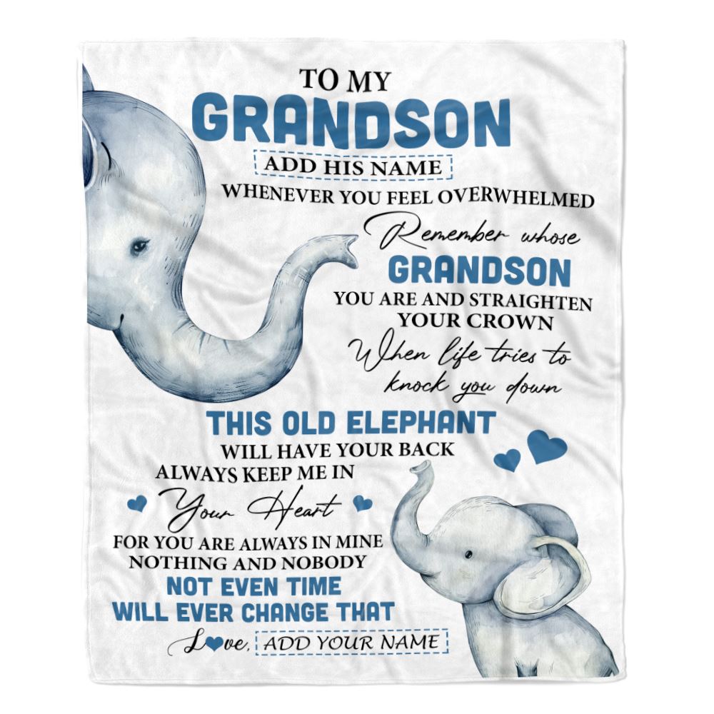 Personalized To My Grandson Gifts Blanket From Grandma Papa Whenever Elephant Unique Birthday Gifts For Grandson Graduation Christmas Fleece Throw Blanket | teecentury