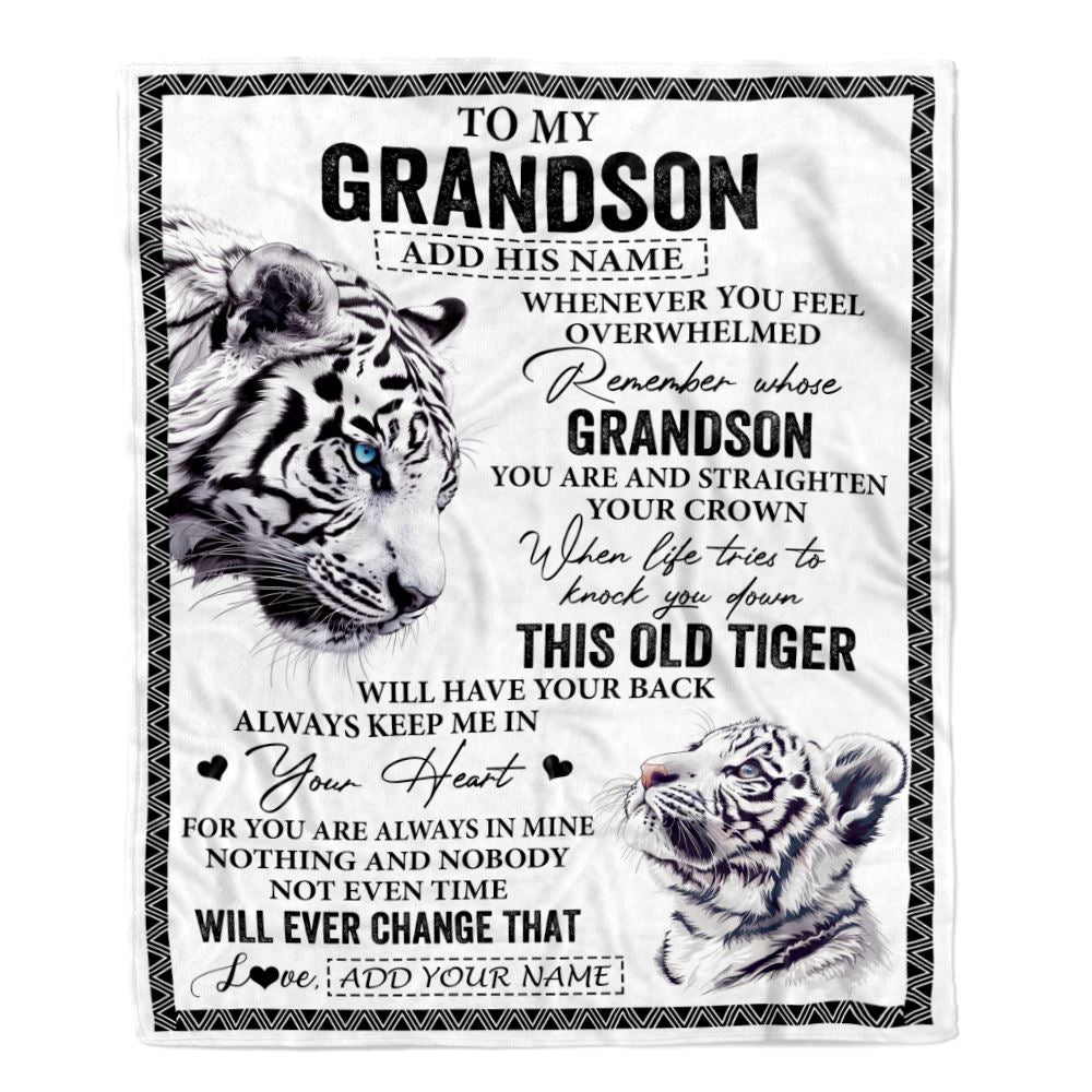 Personalized To My Grandson Gifts Blanket From Grandma Papa Whenever White Tiger Unique Birthday Gifts For Grandson Graduation Christmas Fleece Throw Blanket | teecentury