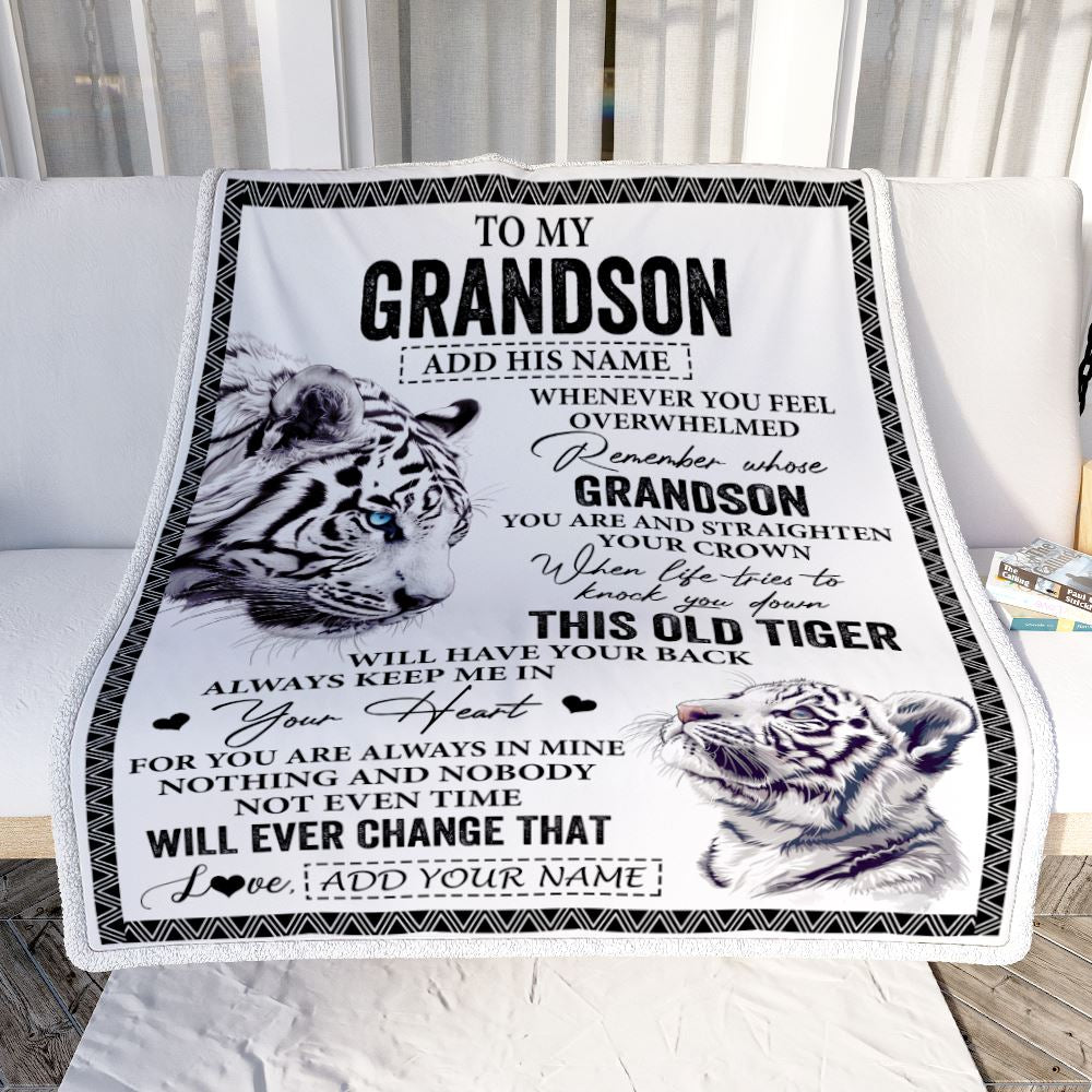 Personalized To My Grandson Gifts Blanket From Grandma Papa Whenever White Tiger Unique Birthday Gifts For Grandson Graduation Christmas Fleece Throw Blanket | teecentury