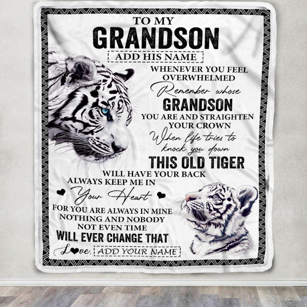 Personalized To My Grandson Gifts Blanket From Grandma Papa Whenever White Tiger Unique Birthday Gifts For Grandson Graduation Christmas Fleece Throw Blanket | teecentury