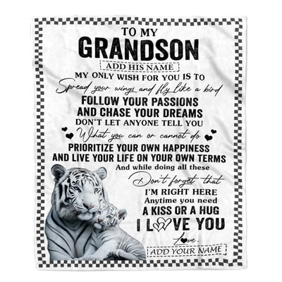 Personalized To My Grandson Gifts Blanket From Grandma Papa White Tiger My Only Wish For You Grandson Birthday Gifts Graduation Christmas Fleece Blanket | teecentury