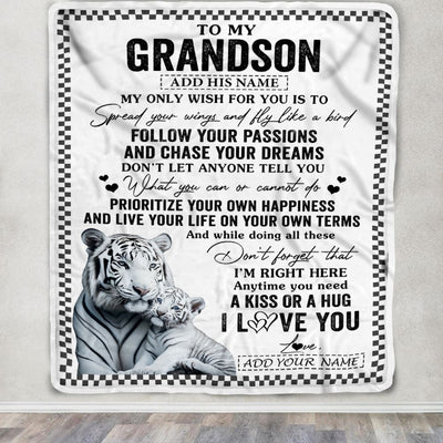 Personalized To My Grandson Gifts Blanket From Grandma Papa White Tiger My Only Wish For You Grandson Birthday Gifts Graduation Christmas Fleece Blanket | teecentury