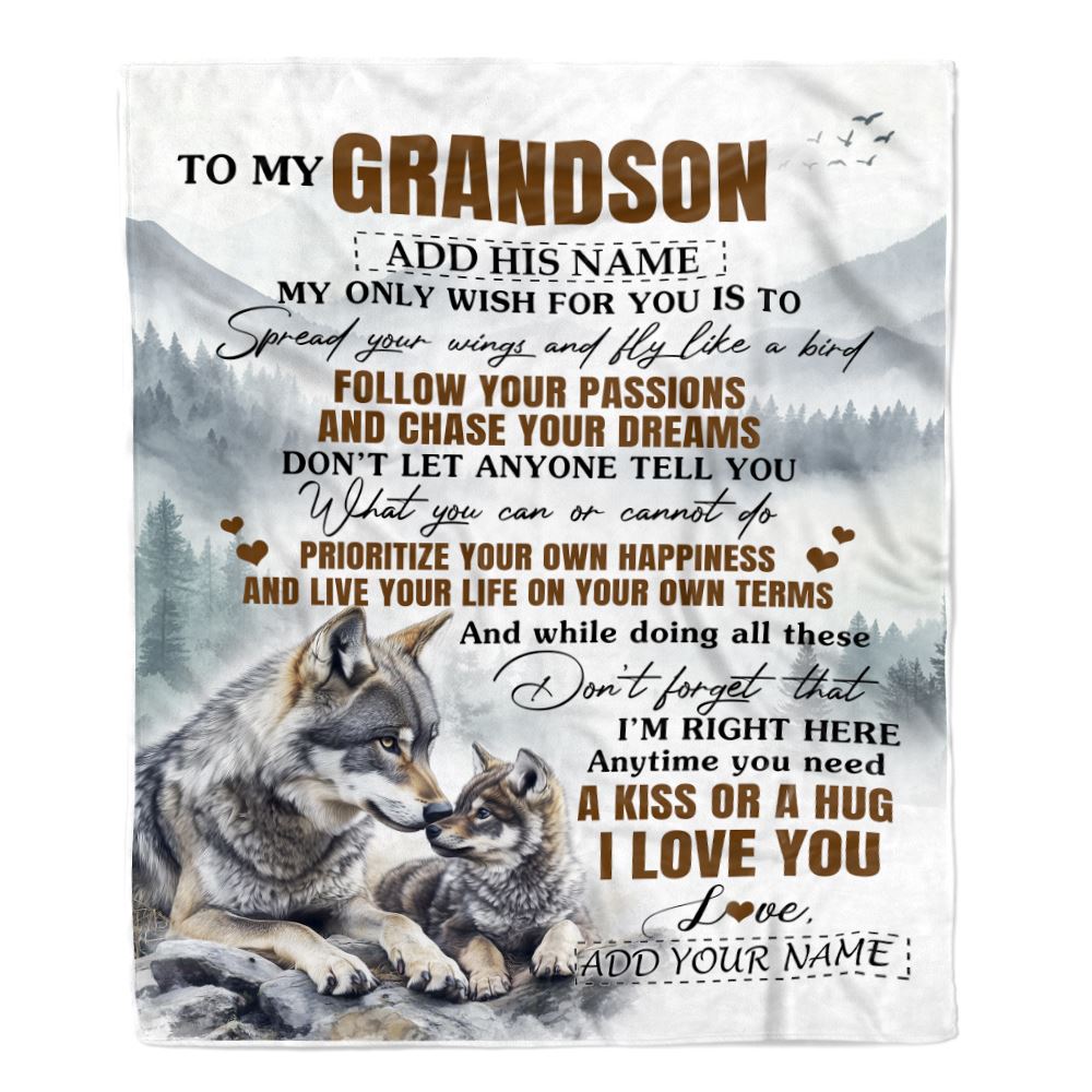 Personalized To My Grandson Gifts Blanket From Grandma Papa Wolf My Only Wish For You Grandson Birthday Gifts Graduation Christmas Customized Fleece Blanket | teecentury