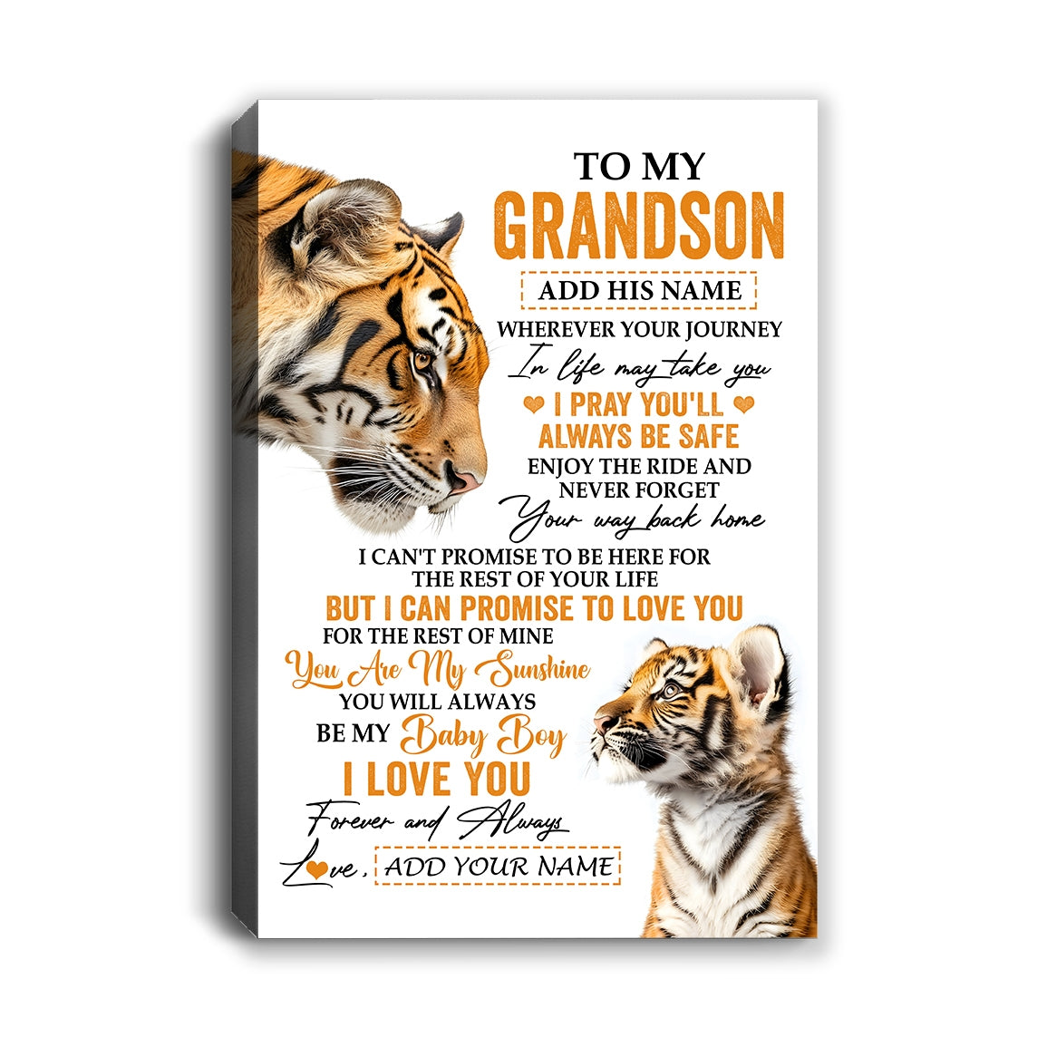 Personalized To My Grandson Gifts Canvas From Grandma Grandpa Wherever Your Journey In Life Tiger Grandson Birthday Gifts Custom Wall Art Framed Canvas | teecentury