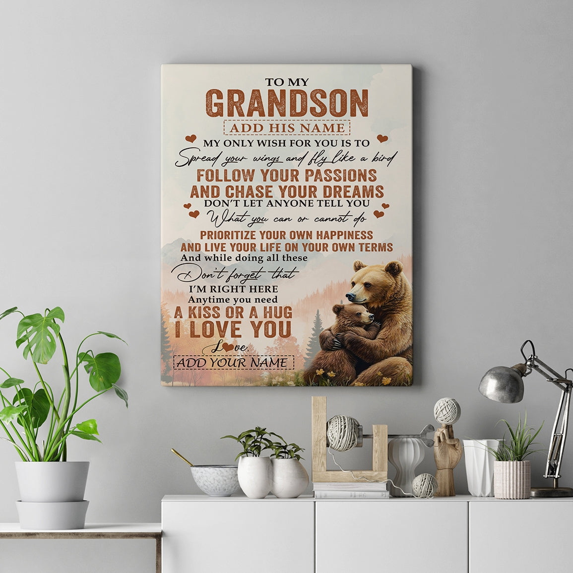 Personalized To My Grandson Gifts Canvas From Grandma Papa Bear My Only Wish For You Grandson Birthday Gifts Graduation Christmas Custom Wall Art Print Framed Canvas | teecentury
