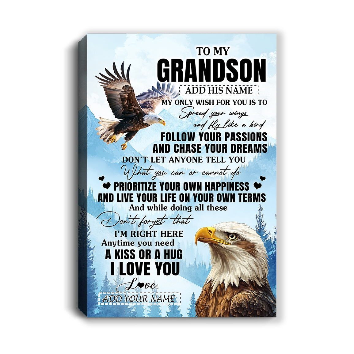 Personalized To My Grandson Gifts Canvas From Grandma Papa Eagle My Only Wish For You Grandson Birthday Gifts Graduation Christmas Custom Wall Art Print Framed Canvas | teecentury
