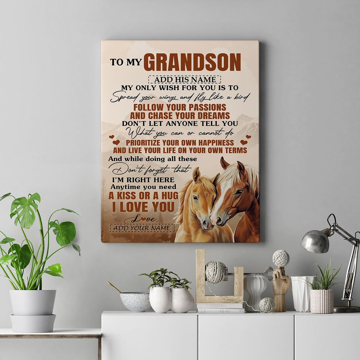 Personalized To My Grandson Gifts Canvas From Grandma Papa Horse My Only Wish For You Grandson Birthday Gifts Graduation Christmas Custom Wall Art Framed Canvas | teecentury