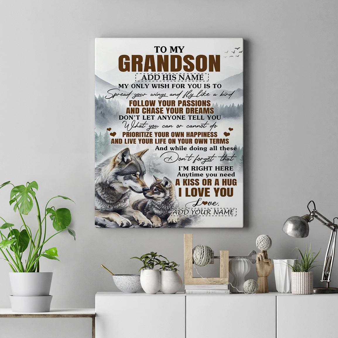 Personalized To My Grandson Gifts Canvas From Grandma Papa Wolf My Only Wish For You Grandson Birthday Gifts Graduation Christmas Customized Wall Art Framed Canvas | teecentury