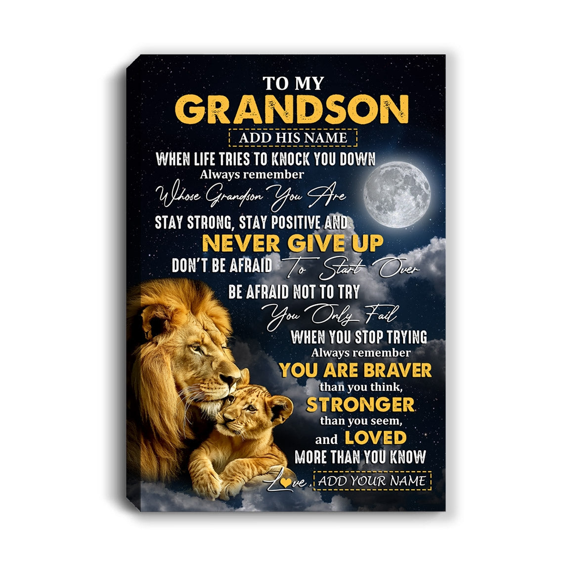Personalized To My Grandson Gifts Canvas From Grandpa Grandma Lion Never Give Up Grandson Birthday Gifts Graduation Christmas Custom Wall Art Print Framed Canvas | teecentury