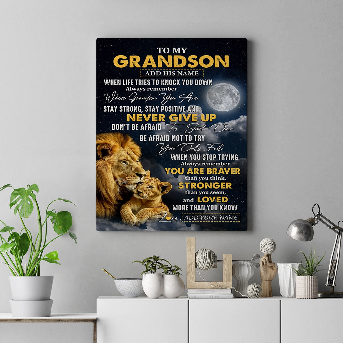 Personalized To My Grandson Gifts Canvas From Grandpa Grandma Lion Never Give Up Grandson Birthday Gifts Graduation Christmas Custom Wall Art Print Framed Canvas | teecentury