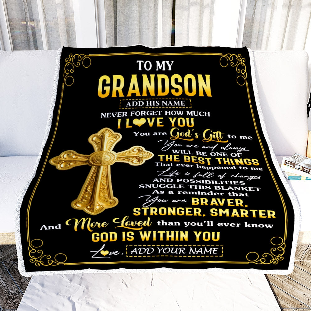 Personalized To My Grandson Gifts From Grandma Blanket Christian God Is With You Gifts For Grandson Birthday Present Graduation Christmas Fleece Blanket | teecentury
