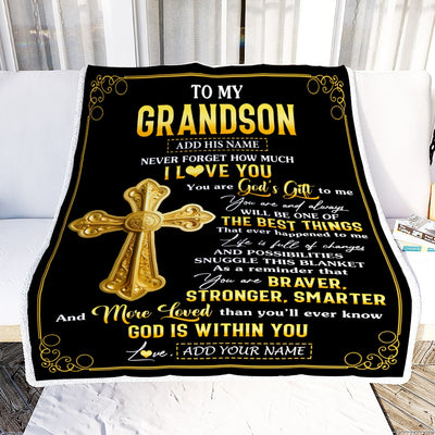 Personalized To My Grandson Gifts From Grandma Blanket Christian God Is With You Gifts For Grandson Birthday Present Graduation Christmas Fleece Blanket | teecentury