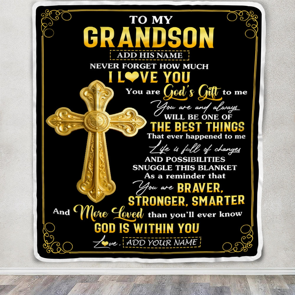 Personalized To My Grandson Gifts From Grandma Blanket Christian God Is With You Gifts For Grandson Birthday Present Graduation Christmas Fleece Blanket | teecentury
