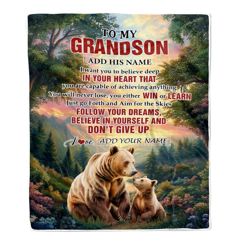 Personalized To My Grandson Gifts From Grandma Grandpa Blanket Don't Give Up Bear Gifts For Grandson Birthday Graduation Christmas Customized Fleece Blanket | teecentury