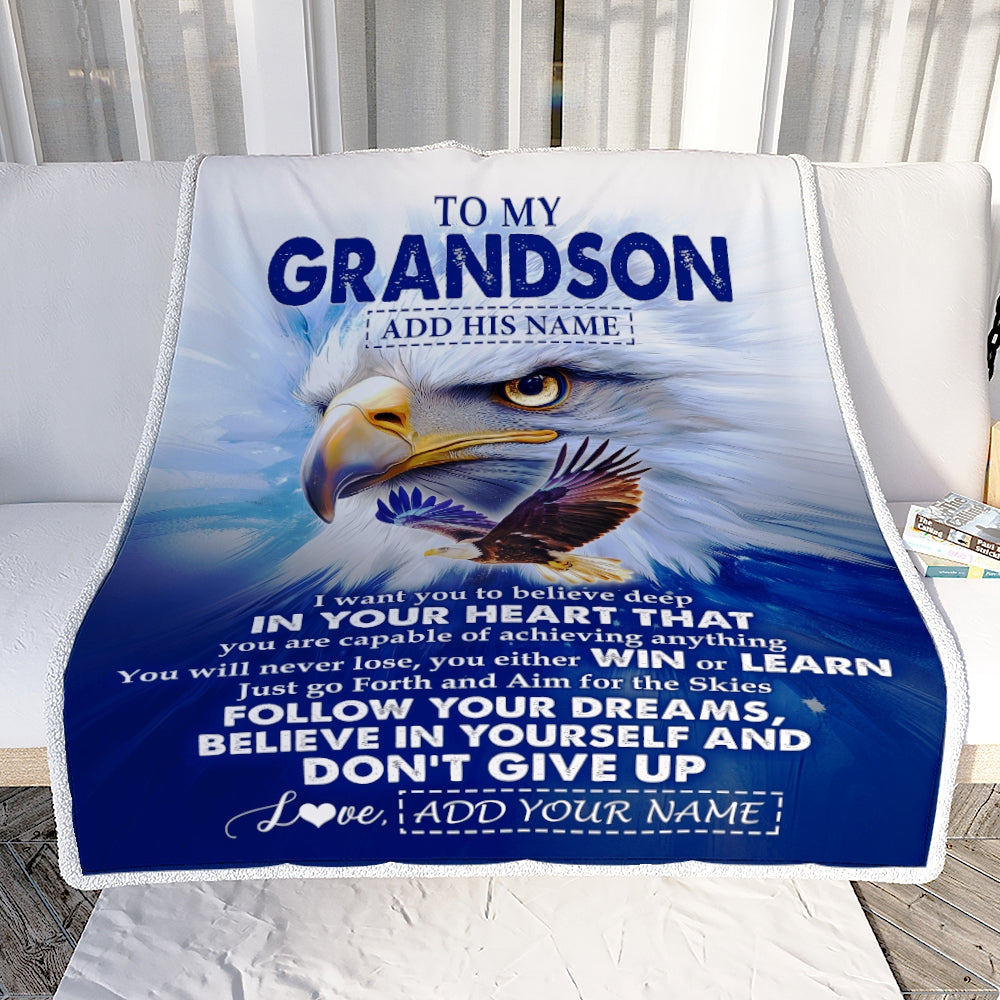 Personalized To My Grandson Gifts From Grandma Grandpa Blanket Don't Give Up Eagle Gifts For Grandson Birthday Graduation Christmas Customized Fleece Blanket | teecentury