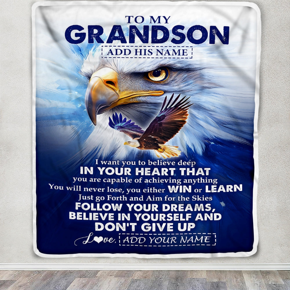 Personalized To My Grandson Gifts From Grandma Grandpa Blanket Don't Give Up Eagle Gifts For Grandson Birthday Graduation Christmas Customized Fleece Blanket | teecentury