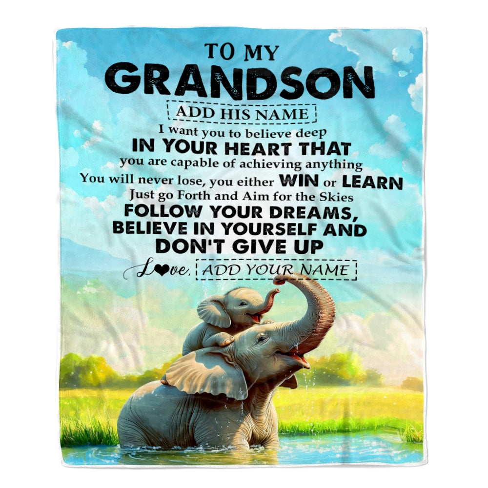 Personalized To My Grandson Gifts From Grandma Grandpa Blanket Don't Give Up Elephant Gifts For Grandson Birthday Graduation Christmas Fleece Blanket | teecentury