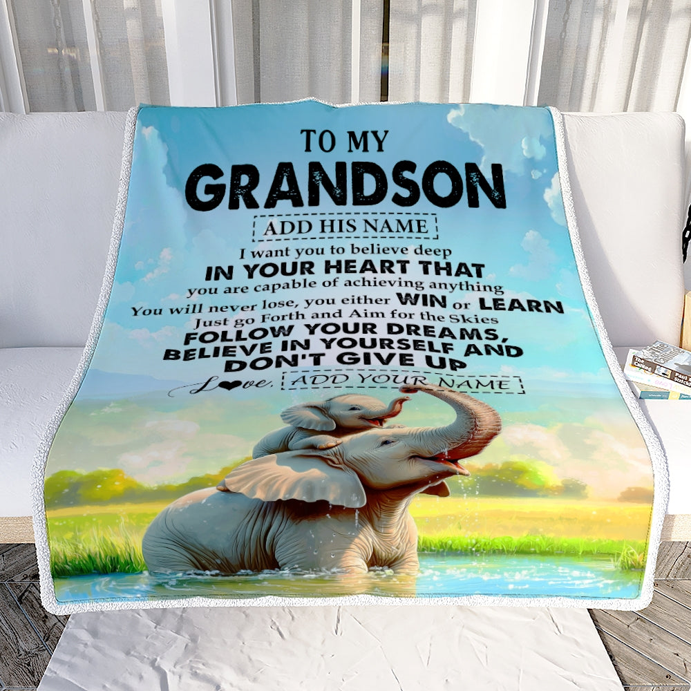 Personalized To My Grandson Gifts From Grandma Grandpa Blanket Don't Give Up Elephant Gifts For Grandson Birthday Graduation Christmas Fleece Blanket | teecentury