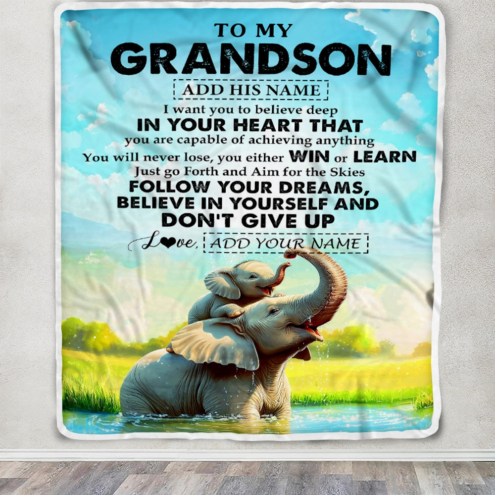 Personalized To My Grandson Gifts From Grandma Grandpa Blanket Don't Give Up Elephant Gifts For Grandson Birthday Graduation Christmas Fleece Blanket | teecentury
