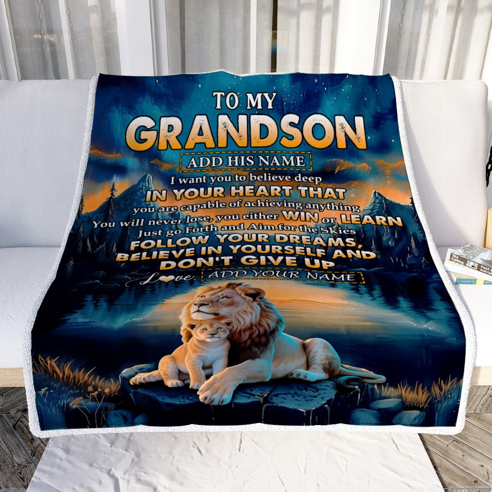 Personalized To My Grandson Gifts From Grandma Grandpa Blanket Don't Give Up Lion Gifts For Grandson Birthday Graduation Christmas Customized Fleece Blanket | teecentury