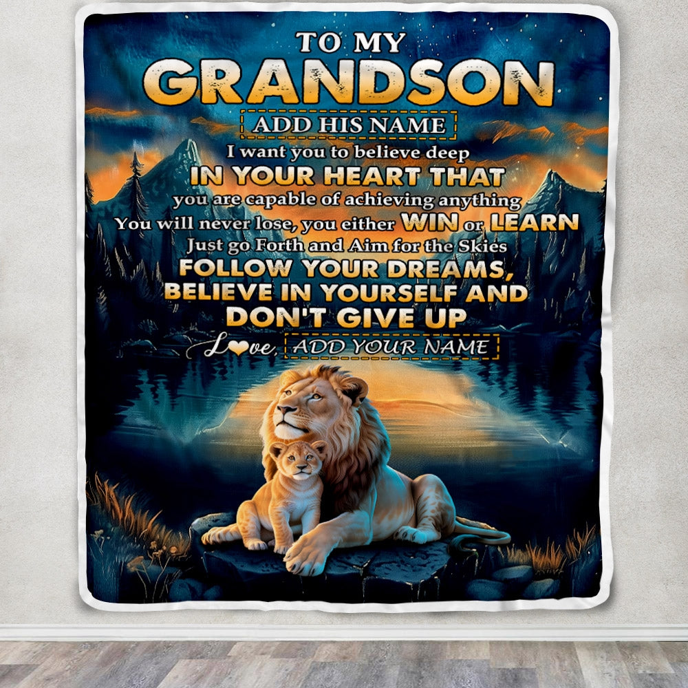 Personalized To My Grandson Gifts From Grandma Grandpa Blanket Don't Give Up Lion Gifts For Grandson Birthday Graduation Christmas Customized Fleece Blanket | teecentury