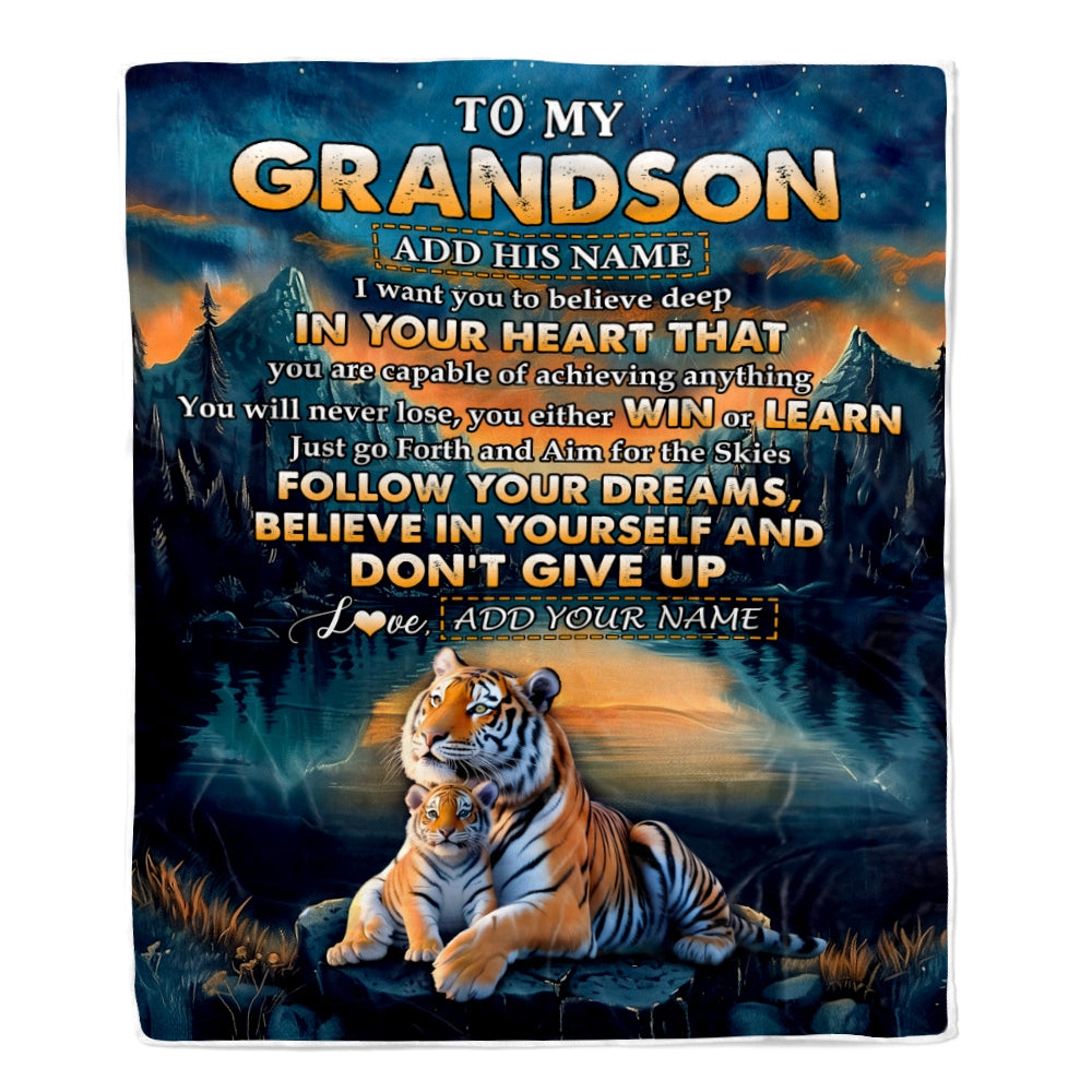 Personalized To My Grandson Gifts From Grandma Grandpa Blanket Don't Give Up Tiger Gifts For Grandson Birthday Graduation Christmas Customized Fleece Blanket | teecentury