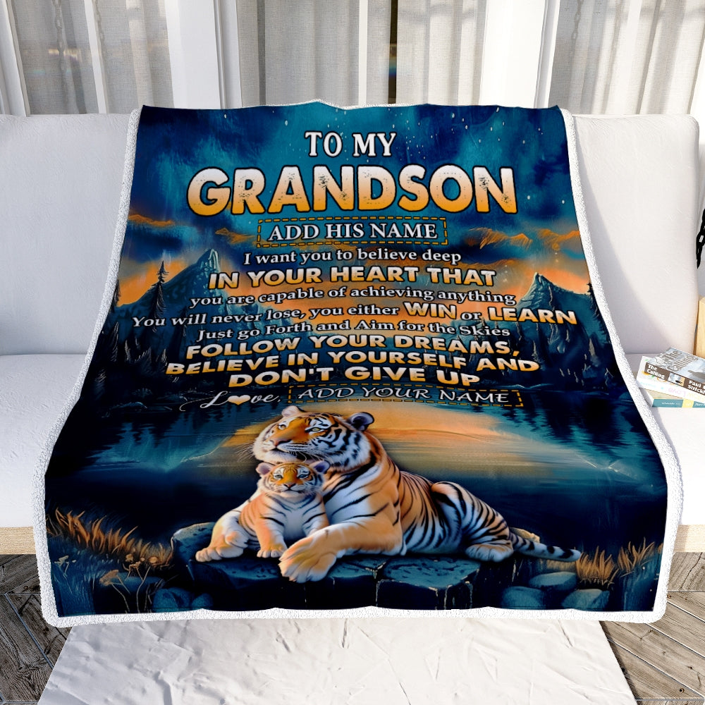 Personalized To My Grandson Gifts From Grandma Grandpa Blanket Don't Give Up Tiger Gifts For Grandson Birthday Graduation Christmas Customized Fleece Blanket | teecentury