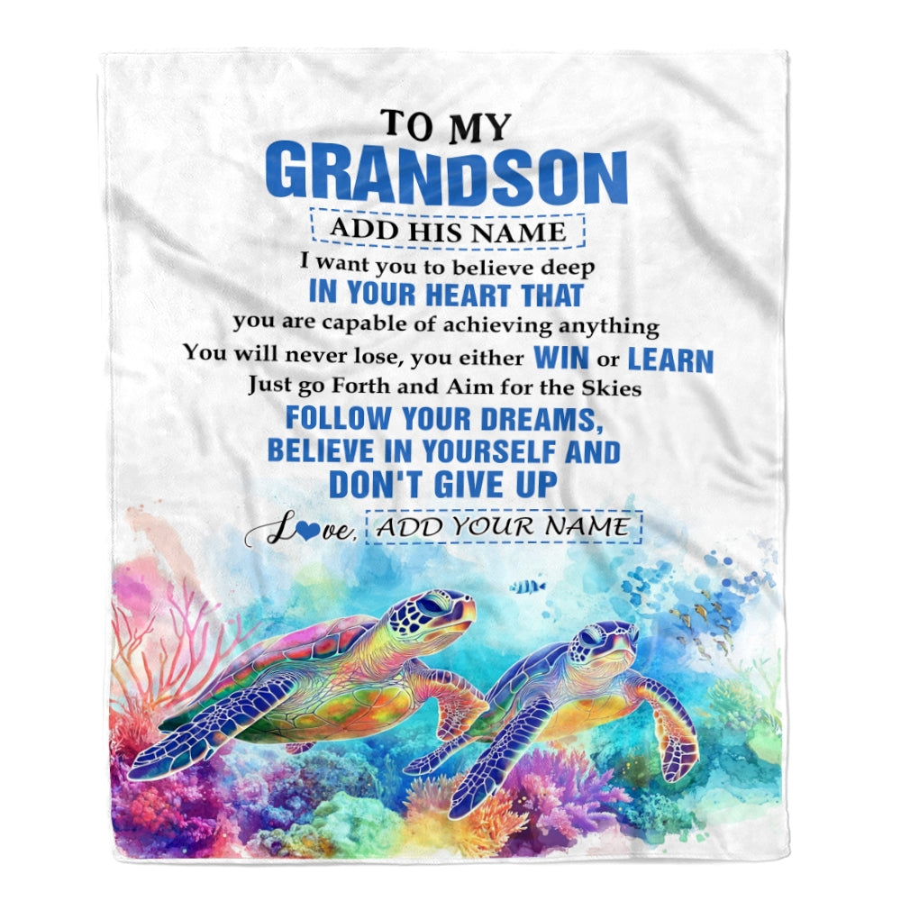 Personalized To My Grandson Gifts From Grandma Grandpa Blanket Don't Give Up Turtle Gifts For Grandson Birthday Graduation Christmas Customized Fleece Blanket | teecentury