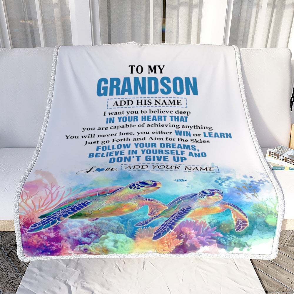 Personalized To My Grandson Gifts From Grandma Grandpa Blanket Don't Give Up Turtle Gifts For Grandson Birthday Graduation Christmas Customized Fleece Blanket | teecentury