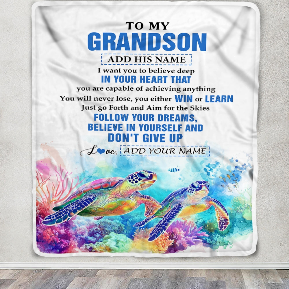Personalized To My Grandson Gifts From Grandma Grandpa Blanket Don't Give Up Turtle Gifts For Grandson Birthday Graduation Christmas Customized Fleece Blanket | teecentury