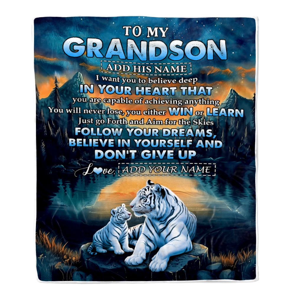 Personalized To My Grandson Gifts From Grandma Grandpa Blanket Don't Give Up White Tiger Gifts For Grandson Birthday Graduation Christmas Fleece Blanket | teecentury
