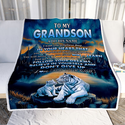 Personalized To My Grandson Gifts From Grandma Grandpa Blanket Don't Give Up White Tiger Gifts For Grandson Birthday Graduation Christmas Fleece Blanket | teecentury
