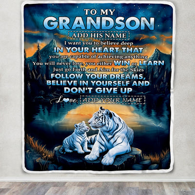 Personalized To My Grandson Gifts From Grandma Grandpa Blanket Don't Give Up White Tiger Gifts For Grandson Birthday Graduation Christmas Fleece Blanket | teecentury