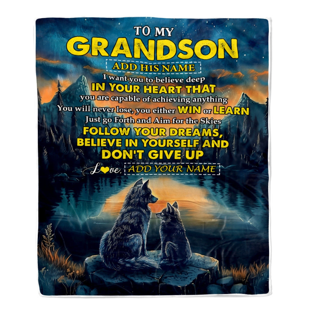 Personalized To My Grandson Gifts From Grandma Grandpa Blanket Don't Give Up Wolf Gifts For Grandson Birthday Graduation Christmas Customized Fleece Blanket | teecentury