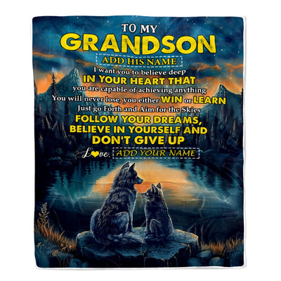 Personalized To My Grandson Gifts From Grandma Grandpa Blanket Don't Give Up Wolf Gifts For Grandson Birthday Graduation Christmas Customized Fleece Blanket | teecentury