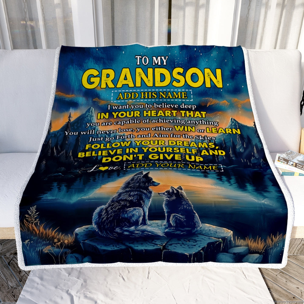 Personalized To My Grandson Gifts From Grandma Grandpa Blanket Don't Give Up Wolf Gifts For Grandson Birthday Graduation Christmas Customized Fleece Blanket | teecentury