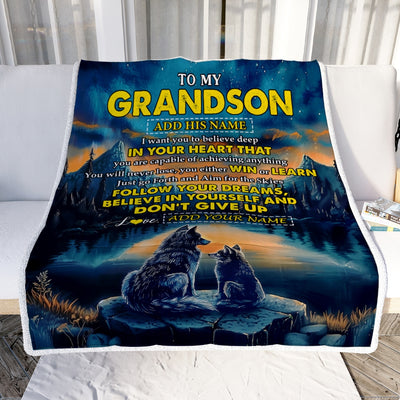 Personalized To My Grandson Gifts From Grandma Grandpa Blanket Don't Give Up Wolf Gifts For Grandson Birthday Graduation Christmas Customized Fleece Blanket | teecentury