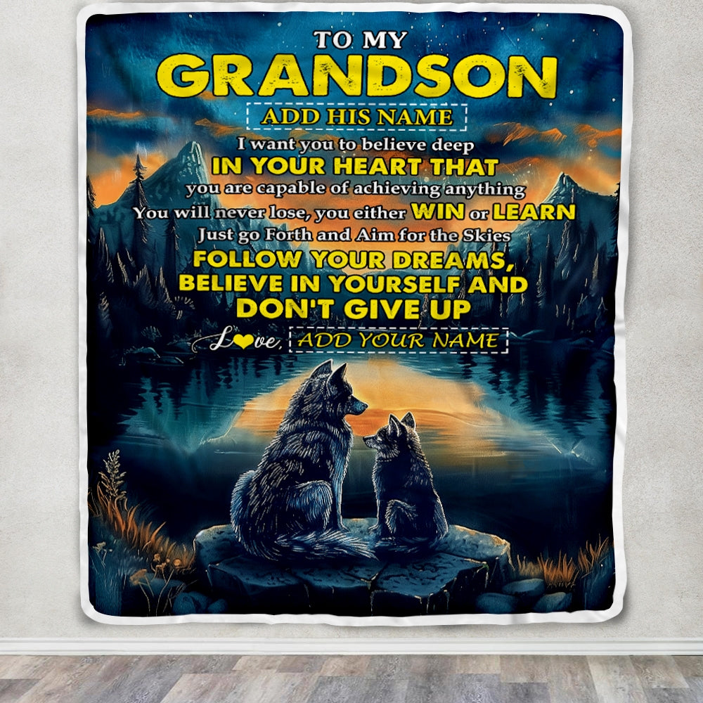 Personalized To My Grandson Gifts From Grandma Grandpa Blanket Don't Give Up Wolf Gifts For Grandson Birthday Graduation Christmas Customized Fleece Blanket | teecentury