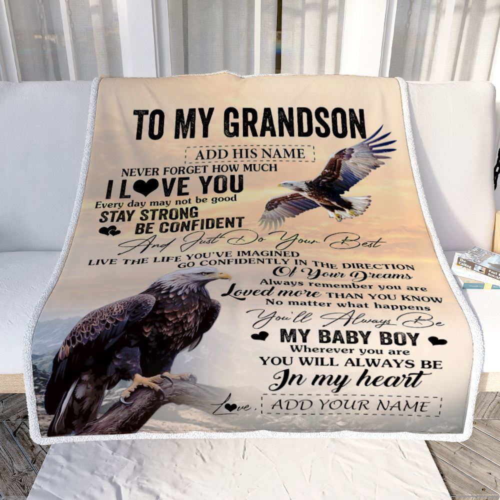 Personalized To My Grandson Gifts From Grandma Grandpa Blanket Eagle Never Forget How Much I Love You Grandson Birthday Graduation Christmas Fleece Blanket | teecentury