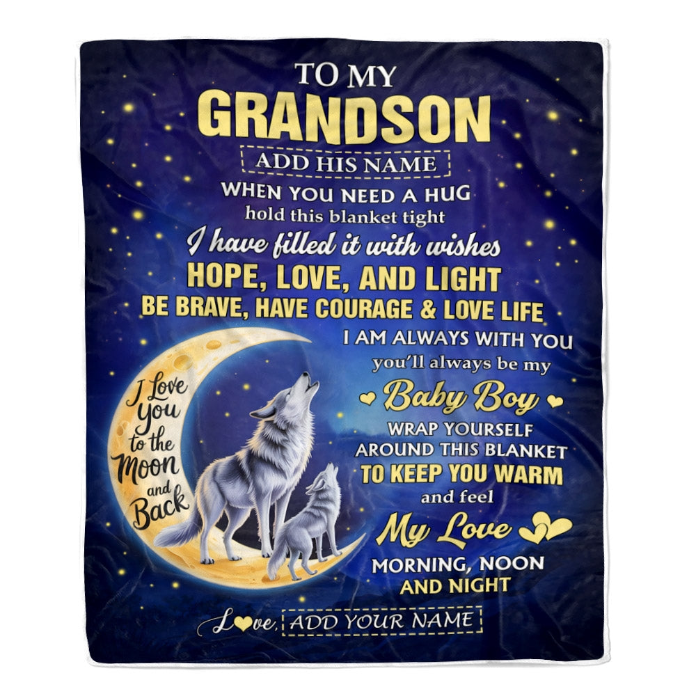 Personalized To My Grandson Gifts From Grandma Grandpa Blanket I Love You Moon And Back Wolf Grandson Birthday Gifts Christmas Graduation Fleece Blanket | teecentury