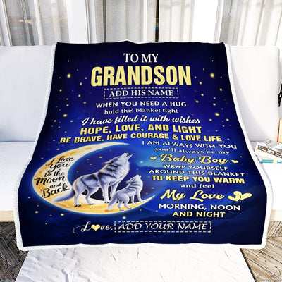 Personalized To My Grandson Gifts From Grandma Grandpa Blanket I Love You Moon And Back Wolf Grandson Birthday Gifts Christmas Graduation Fleece Blanket | teecentury