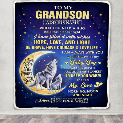 Personalized To My Grandson Gifts From Grandma Grandpa Blanket I Love You Moon And Back Wolf Grandson Birthday Gifts Christmas Graduation Fleece Blanket | teecentury