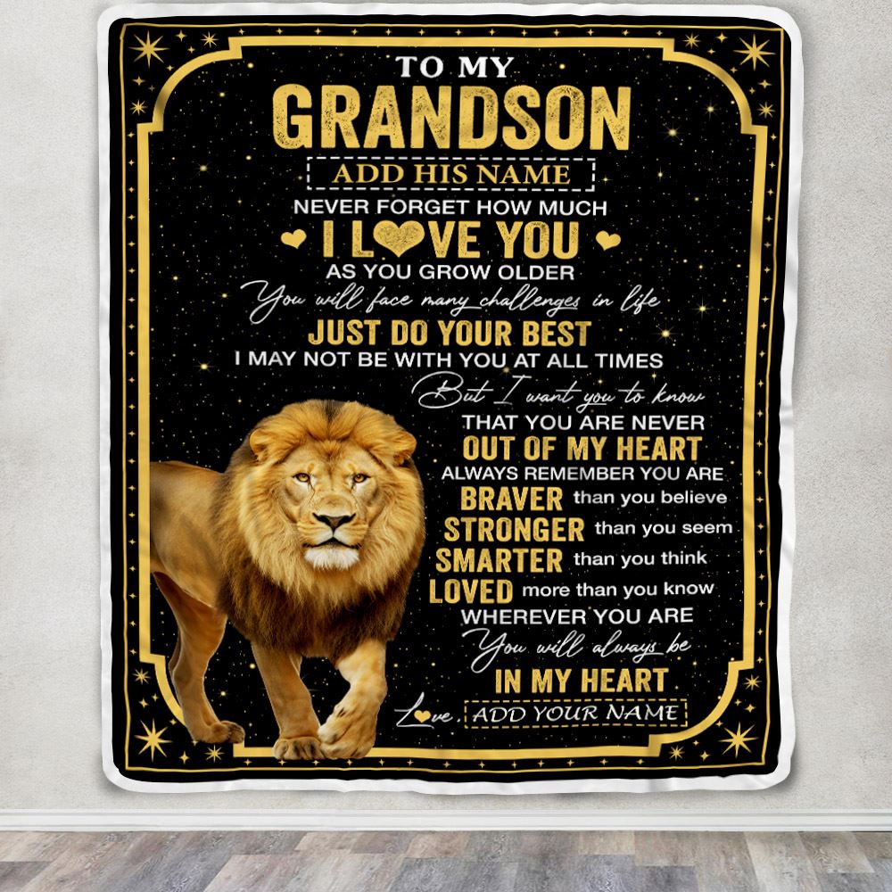 Personalized To My Grandson Gifts From Grandma Grandpa Blanket Lion I Love You Graduation Birthday Gifts For Grandson Christmas Customized Fleece Throw Blanket | teecentury
