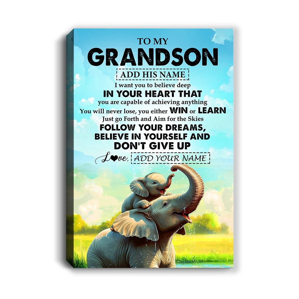 Personalized To My Grandson Gifts From Grandma Grandpa Canvas Don't Give Up Elephant Gifts For Grandson Birthday Gifts Graduation Christmas Custom Art Framed Canvas | teecentury