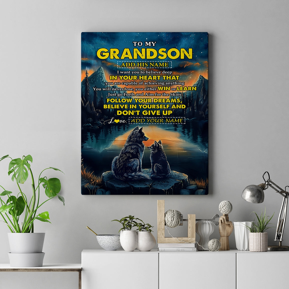 Personalized To My Grandson Gifts From Grandma Grandpa Canvas Don't Give Up Wolf Gifts For Grandson Birthday Graduation Christmas Custom Wall Art Print Framed Canvas | teecentury