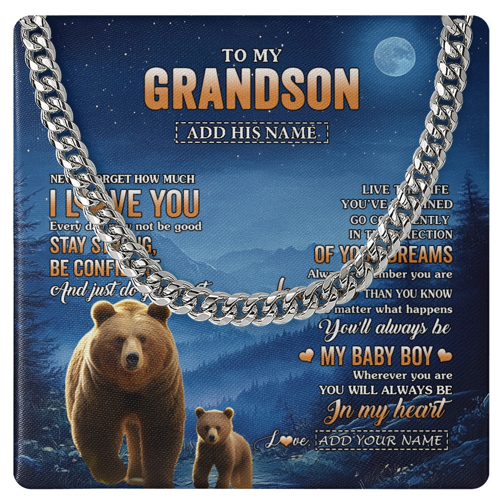 Cuban Link Chain Necklace Stainless Steel | 1 | Personalized To My Grandson Gifts From Grandma Grandpa Necklace Bear Never Forget How Much I Love You Grandson Birthday Christmas Custom Gift Box Message Card | teecentury.myshopify