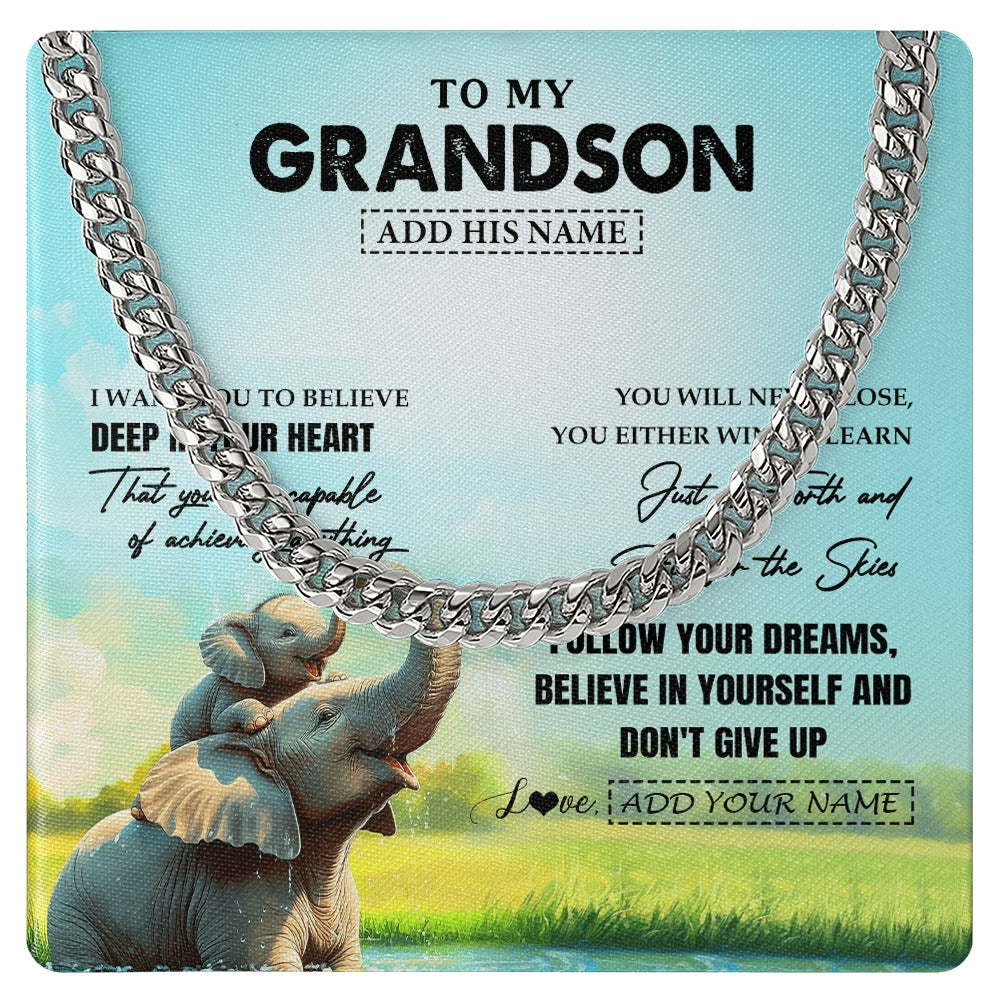 Cuban Link Chain Necklace Stainless Steel | 1 | Personalized To My Grandson Gifts From Grandma Grandpa Necklace Don't Give Up Elephant Gifts For Grandson Birthday Graduation Christmas Gift Box Message Card | https://teecentury.