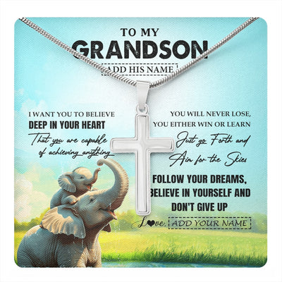Stainless Cross Necklace Stainless Steel | 1 | Personalized To My Grandson Gifts From Grandma Grandpa Necklace Don't Give Up Elephant Gifts For Grandson Birthday Graduation Christmas Gift Box Message Card | https://teecentury.