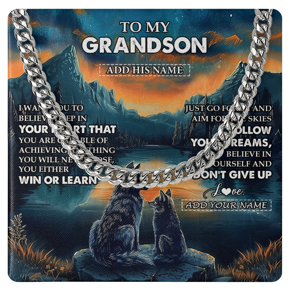 Cuban Link Chain Necklace Stainless Steel | 1 | Personalized To My Grandson Gifts From Grandma Grandpa Necklace Don't Give Up Wolf Gifts For Grandson Birthday Graduation Christmas Gift Box Message Card | teecentury
