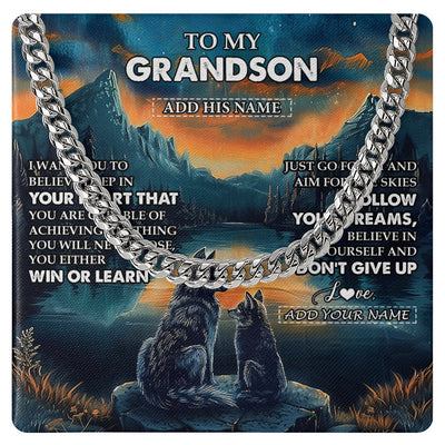 Cuban Link Chain Necklace Stainless Steel | 1 | Personalized To My Grandson Gifts From Grandma Grandpa Necklace Don't Give Up Wolf Gifts For Grandson Birthday Graduation Christmas Gift Box Message Card | teecentury